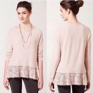 Anthropology Pink Sweater with Lace Hem
